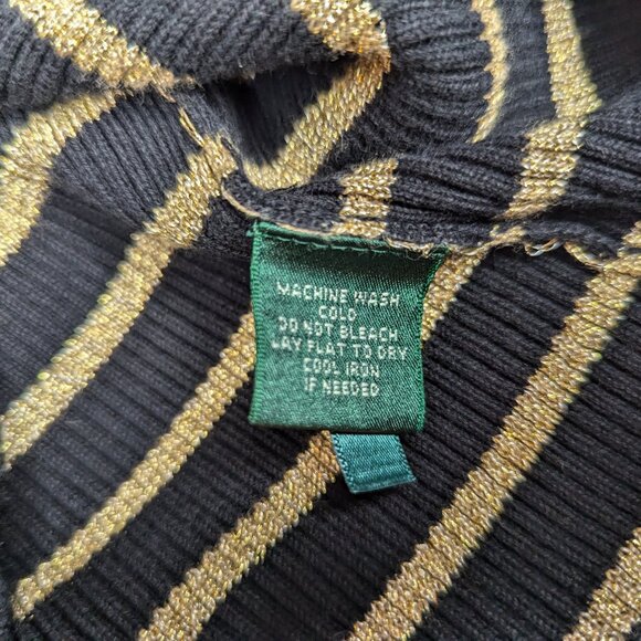 Lauren Ralph Lauren Black & Gold Tone Striped Ribbed Turtleneck Top Size Medium - Picture 8 of 12